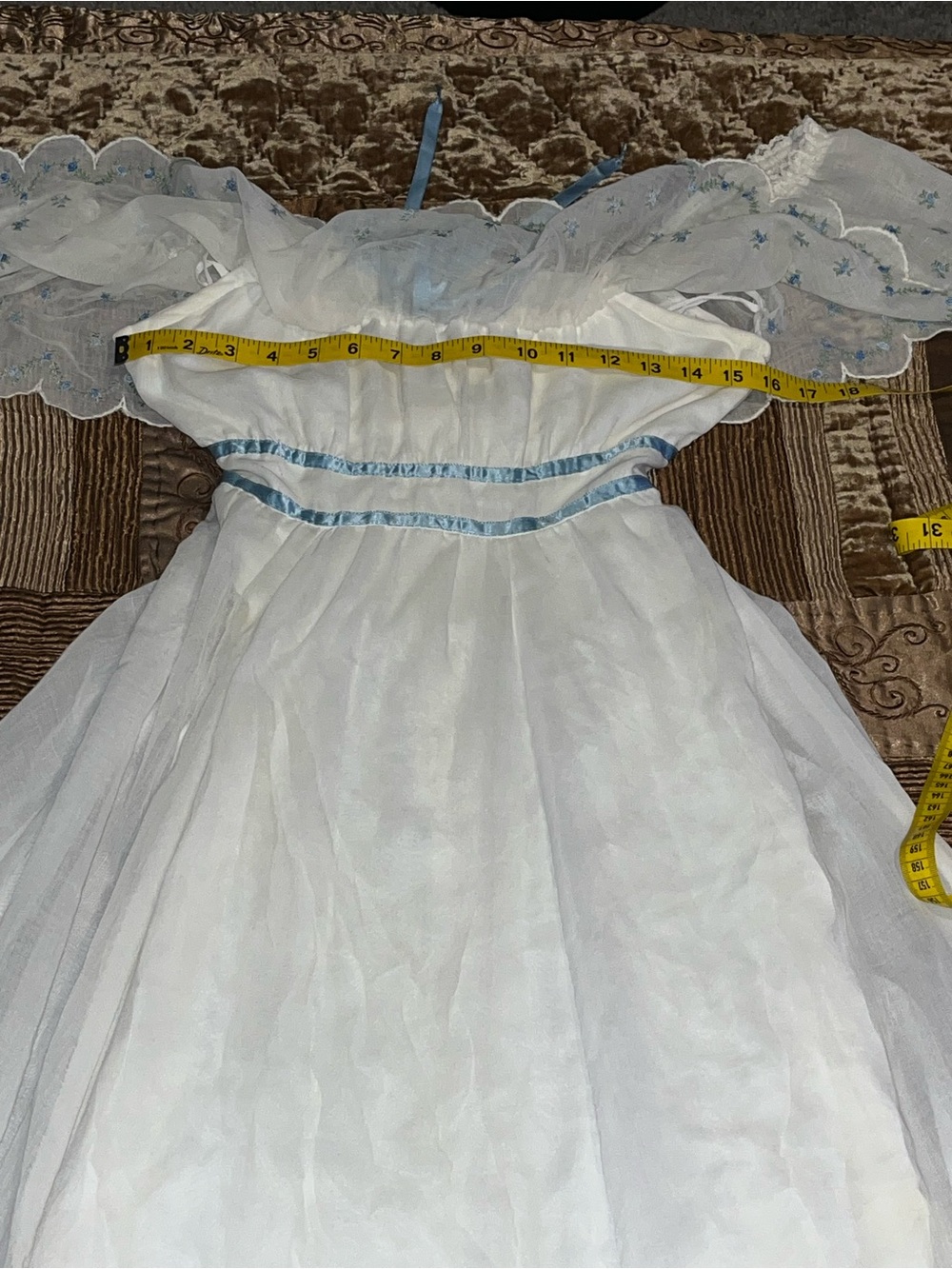 Gunne Sax White Dress with Light Blue Trim and embroidered neckline - Picture 4 of 10